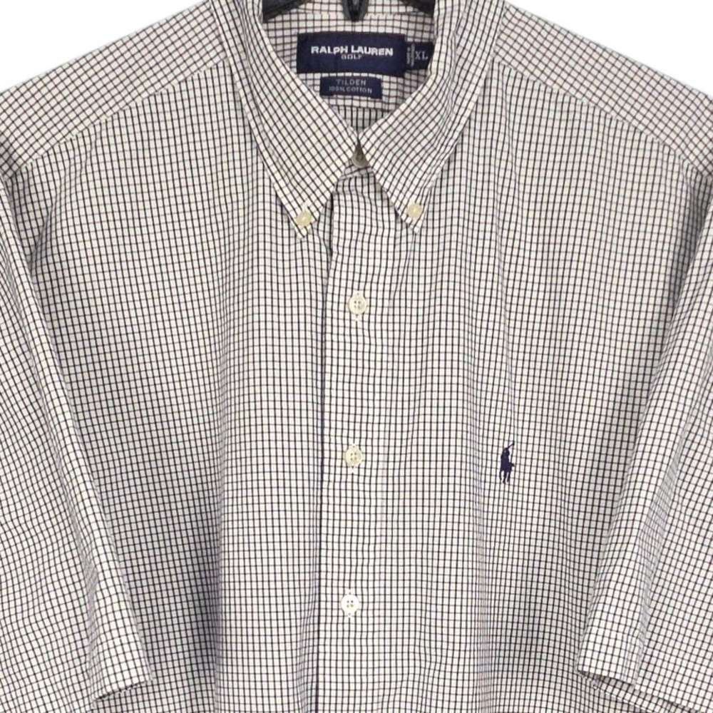 Ralph Lauren Golf Shirt Mens XL Navy Blue White Check Tilden Short Sleeve Button